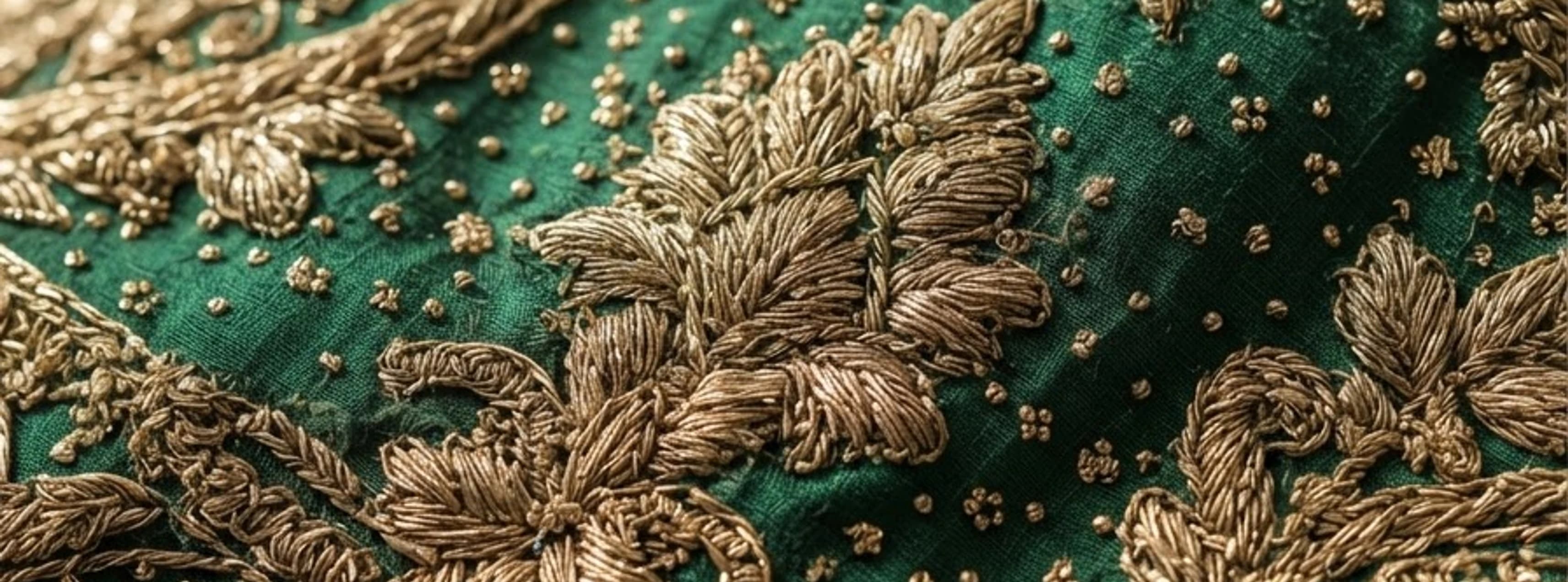 Artisan hand-embroidering gold thread