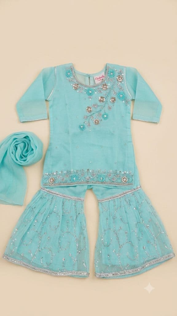 Girls Premium Ice Blue Gharara 3pc Set in ice blue