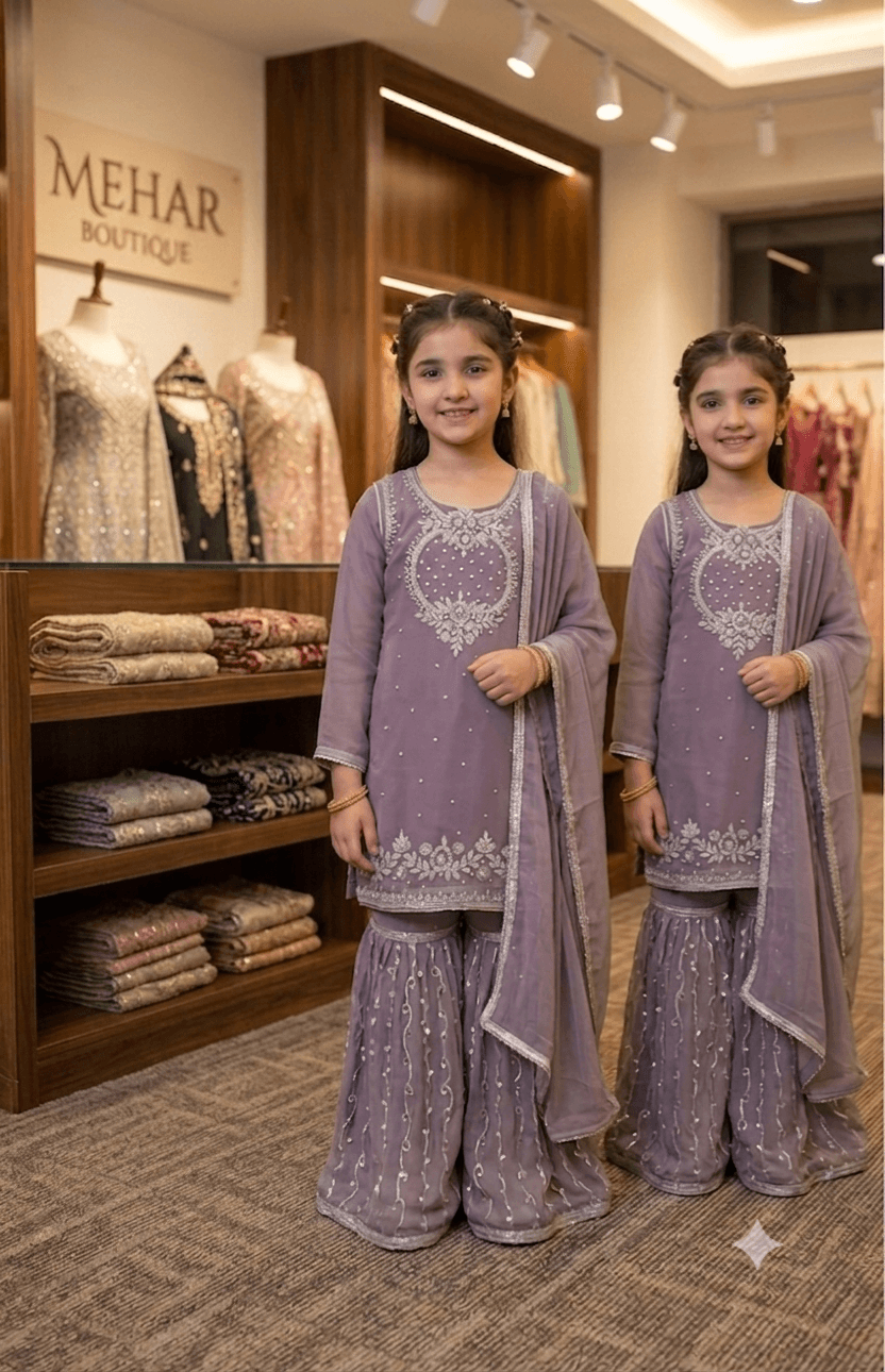 Girls Premium Lavender Gharara 3pc Set in lavender