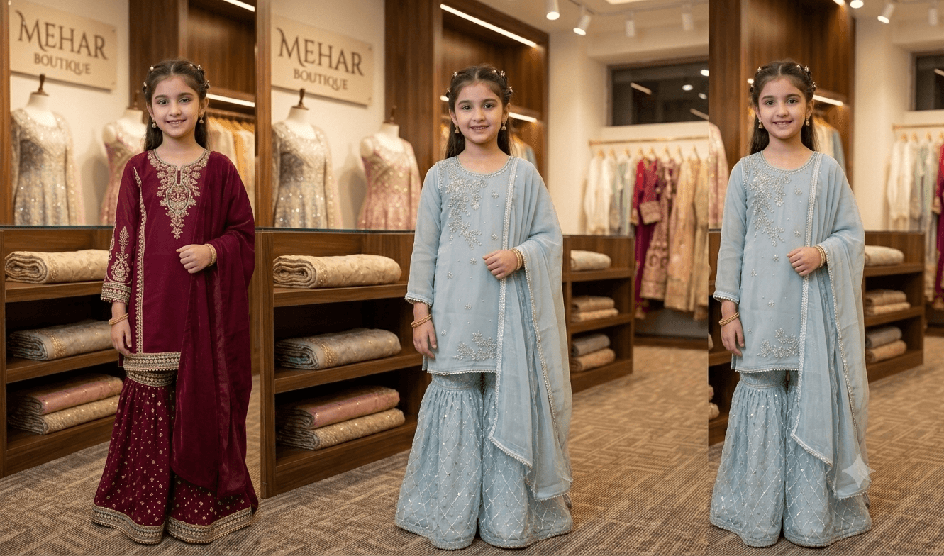 Girls Premium Light Blue Gharara 3pc Set in light blue