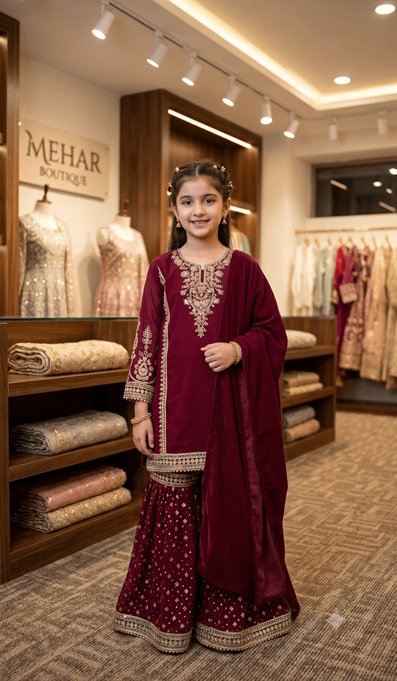 Girls Premium Maroon Gharara 3pc Set in maroon