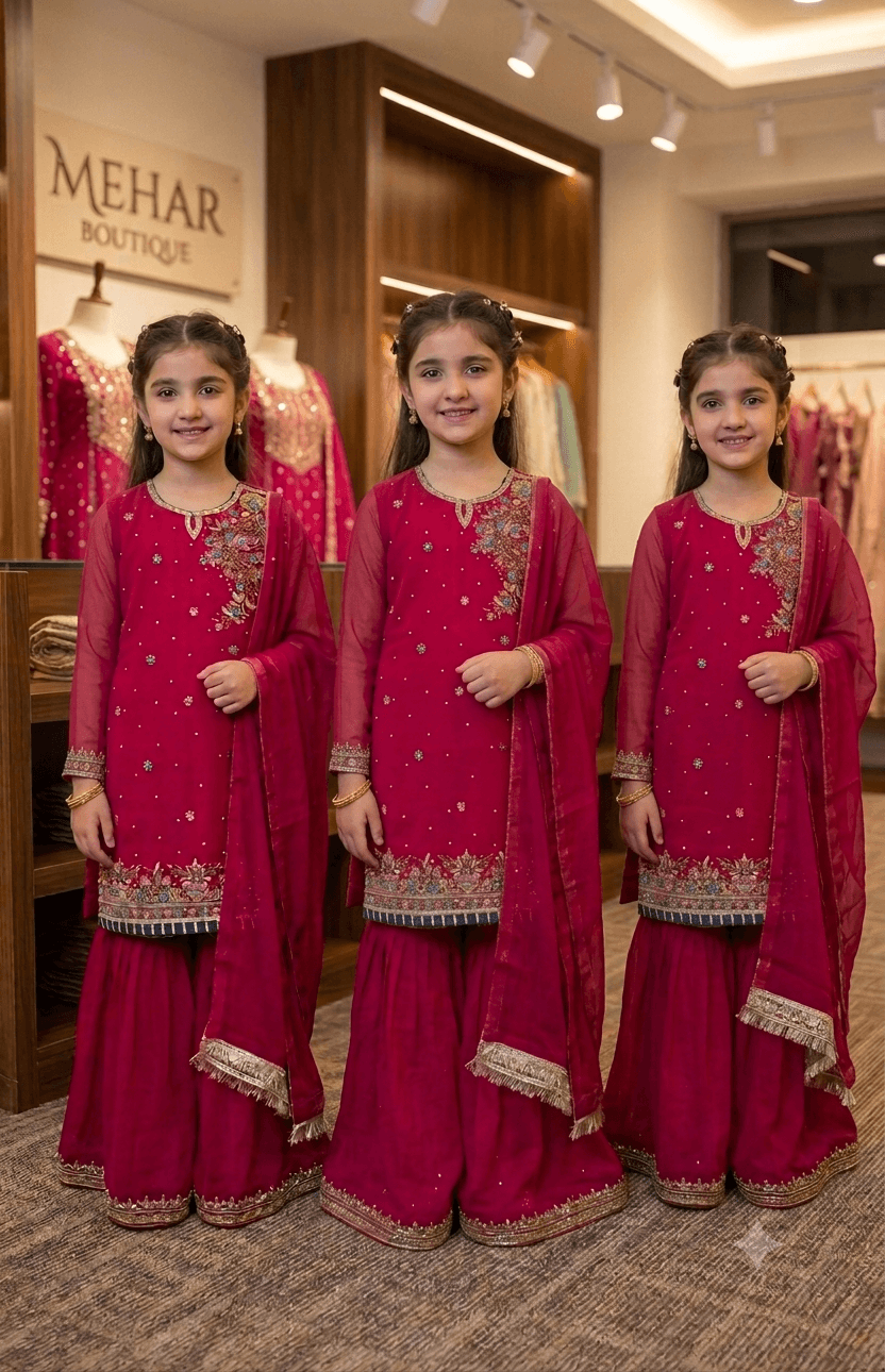 Girls Premium Shocking Pink Gharara 3pc Set in shocking pink