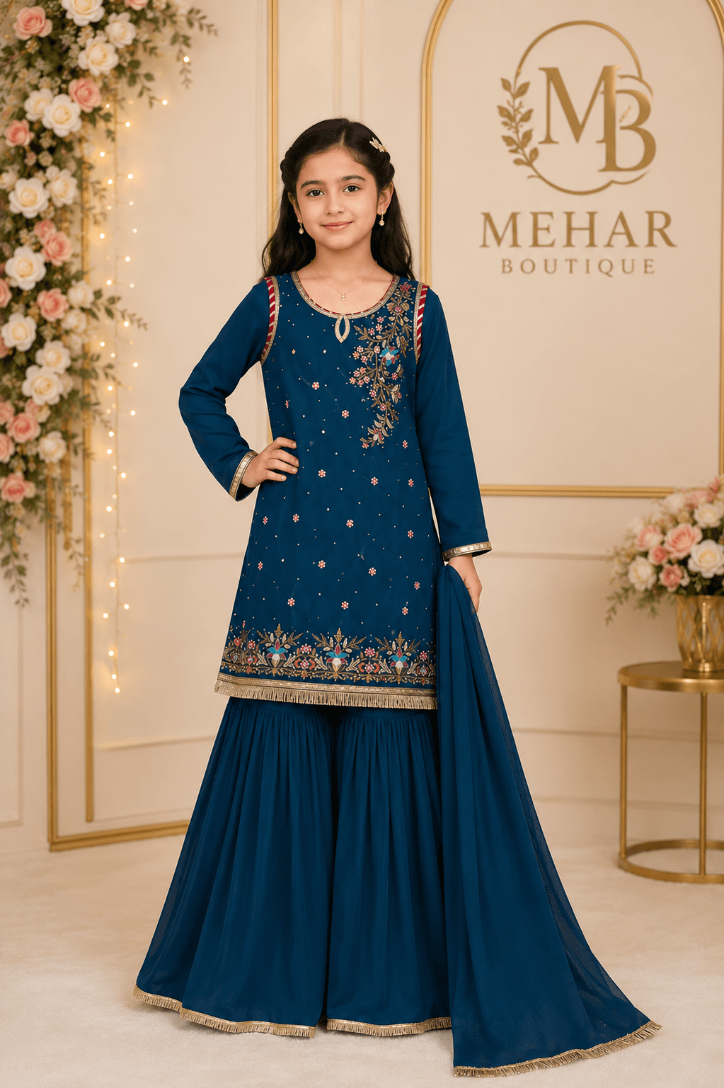 Girls Premium Teal Gharara 3pc Set in teal